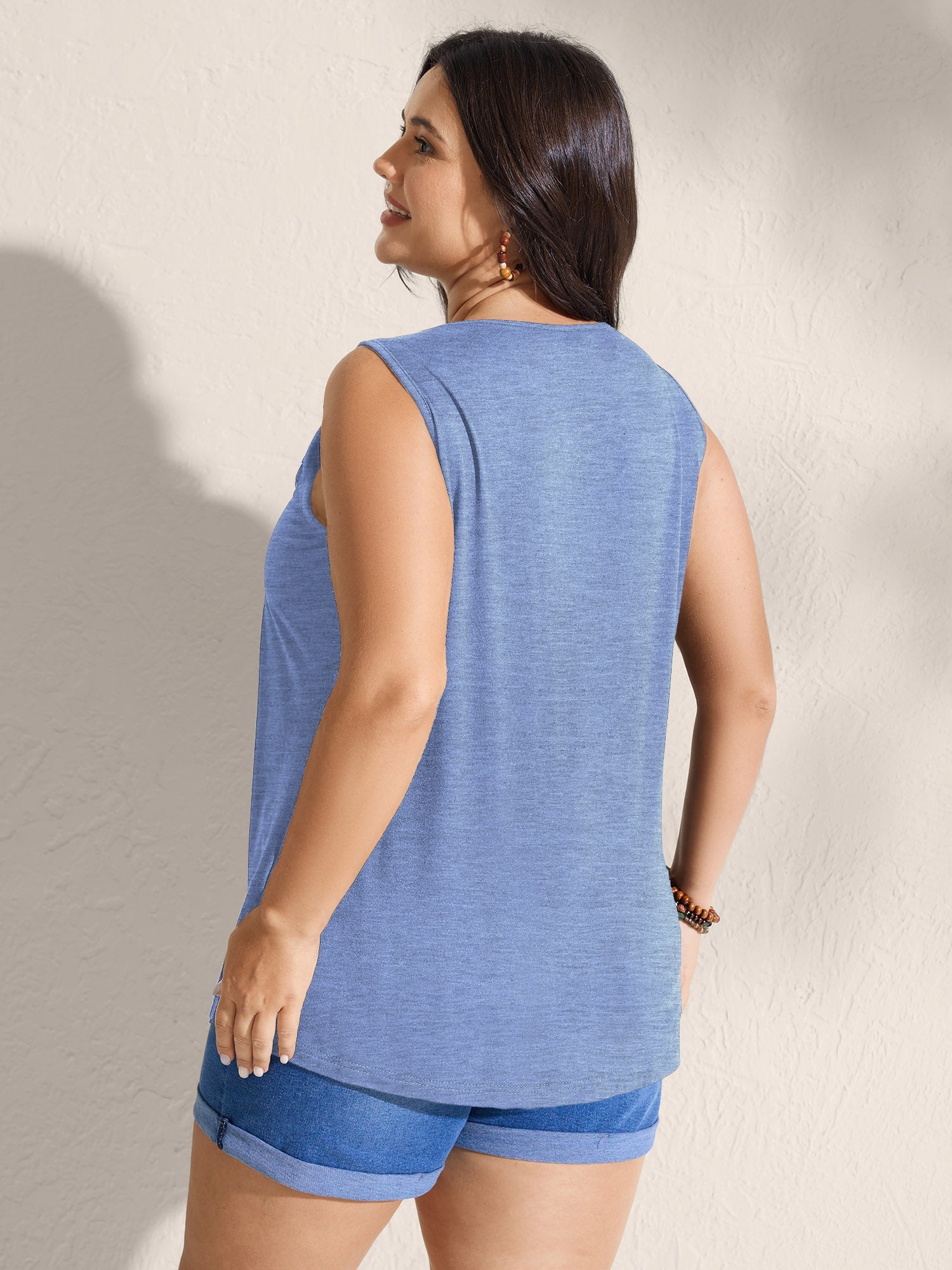 Embroidered Neckline Pleated Front Panel Tank Top