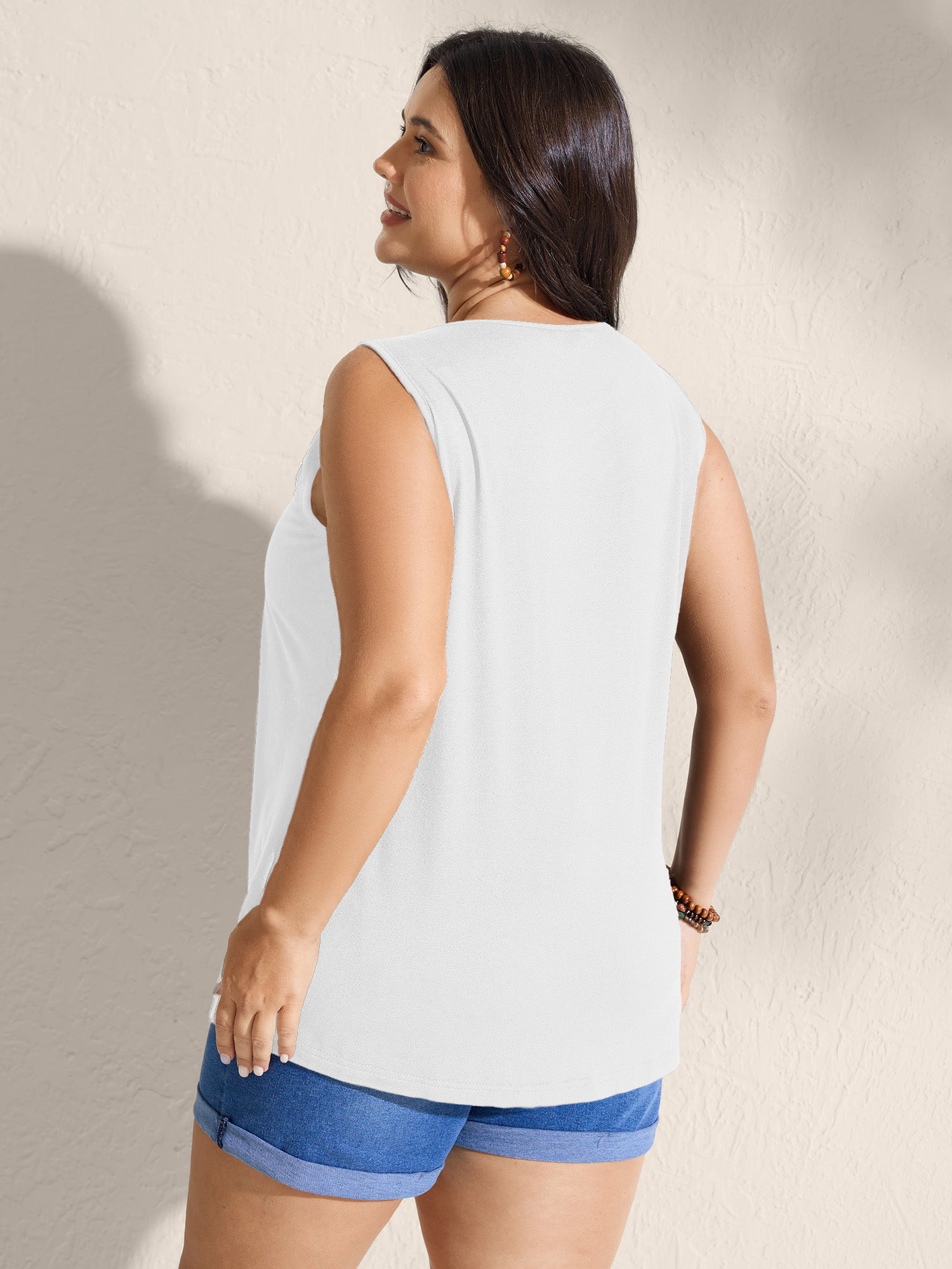 Embroidered Neckline Pleated Front Panel Tank Top