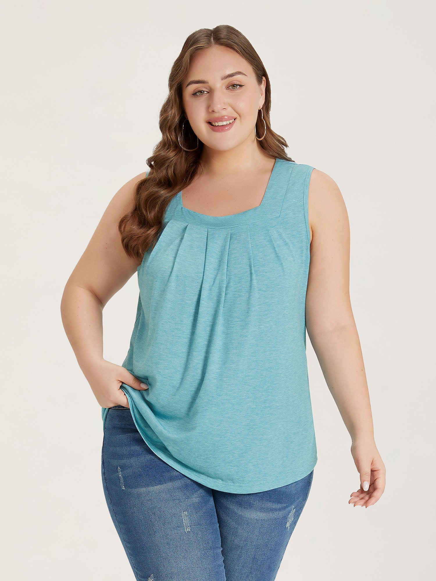 Heather Plicated Detail Square Neck Tank Top